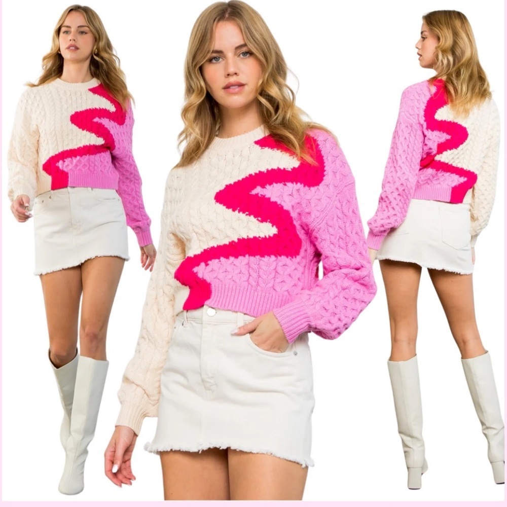 THML Soft Knit Pink Swirl Vivienne Sweater Cable Knit Crewneck Large